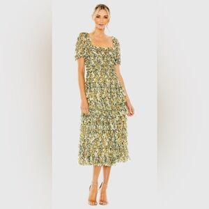 NWT Mac Duggal Multicolor Short Sleeve Micro Ruffle Tea Length Dress